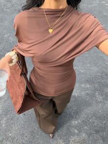 Siren Gaze Women's High-End Pleated Top With A Sophisticated Spring/Summer Design, Brown Mesh Shawl, Fitted Asymmetrical Off-Shoulder Long-Sleeved T-Shirt. - Brown - View 4