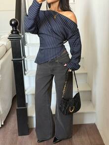 Siren Gaze 女士休闲条纹不对称肩长袖衬衫，秋季 - 藏蓝色 - 查看 4