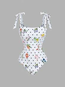 SHEIN MOD Women's Floral & Polka Dot Print Tie Shoulder One-Piece Swimsuit, Slim Fit, Beach Vacation Style, Summer, Polka Dot, Flower Print, Cute, Kawaii, Swimwear Set, Vacation Outfits Women - Multicolor - View 9