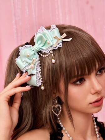 J-Fashion 1 Pieza de Pasador de Cabello con Lazo Verde y Estrella con Cuentas, Pasador de Cabello con Encaje Blanco de Estilo Dulce y Lindo, Accesorios de Cabello Hechos a Mano con Perlas y Rhinestones para Fiesta de Té Lolita, Pinza para el Cabello