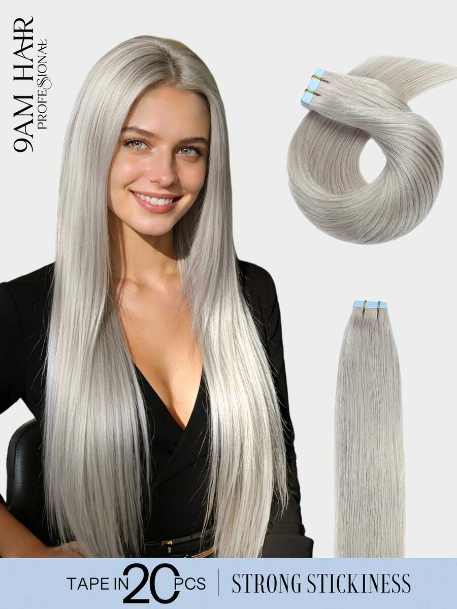 9AM Hair 隐形舒适接发带 20 片装 50G 12 英寸至 24 英寸银色接发带 真人发丝 天然接发带 女士适用 - SSilver - 查看 1