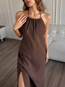 HautHeat Camisola Feminina de Cor Sólida com Franzido Lateral e Decote Halter - Café - Visão 4