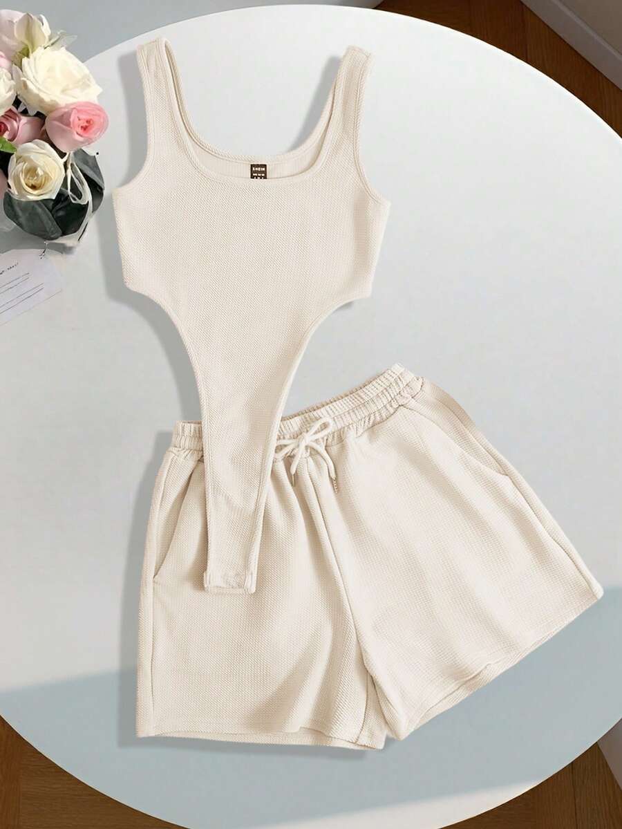 Comfortcana 素色連體衣和腰部抽繩短褲 - 米色 - 查看 1