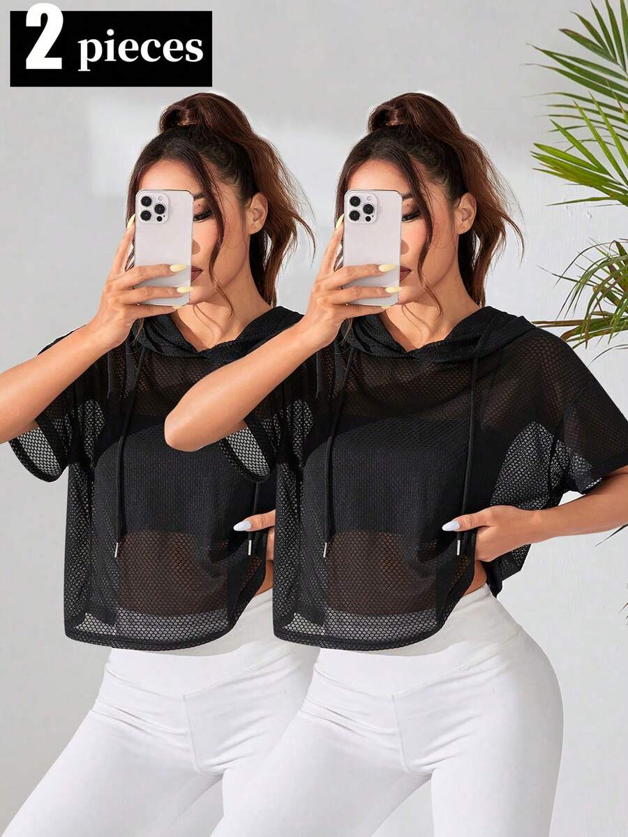 Velisys 2件装女士纯色短袖抽绳连帽宽松卫衣透视网纱上衣女式薄纱上衣 - 黑色 - 查看 1