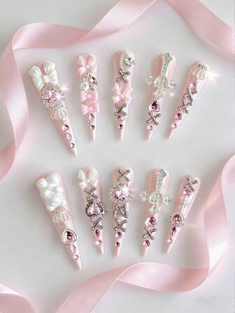 Anime 10pcs Cute Bowknot Music Note Star Element High Quality Handmade False Nails + 3pcs Double-Sided Adhesive, Y2K French Style Rhinestone Chain Polka Dot Removable Nail Art Stickers, Suitable For Holidays, Parties, Dancing And Daily Wear