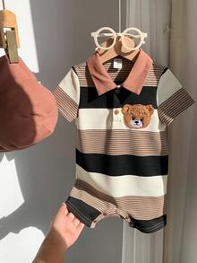 SHEIN 2pcs/Set Newborn Baby Boy/Girl Black And White Striped Bear Print Short Sleeve Romper & Brown Sun Hat,Summer Casual Family Matching Cute Outfit - Khaki - View 8