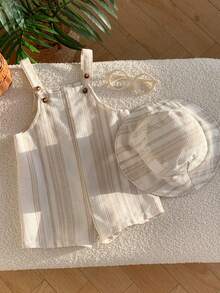 SHEIN Bộ 2 món quần yếm sọc kaki đa năng mùa hè cho bé trai sơ sinh kèm mũ cùng màu. - Nhiều màu - Xem 8