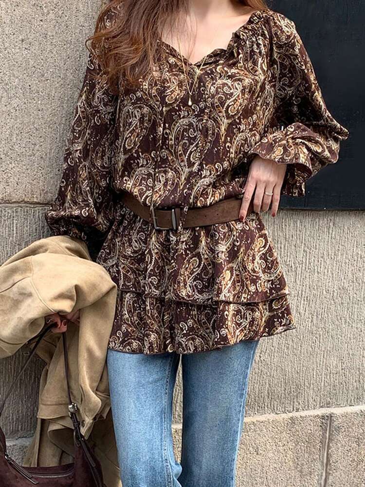 Vintage Floral Print Long Sleeve Cinched Waist Fashionable Versatile Casual Women Shirt Boho