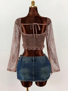 Amplova 大码女式甜心领长袖蕾丝拼接荷叶边不对称下摆时尚衬衫 - 棕色 - 查看 5