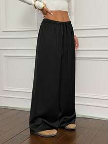 SHEIN PETITE Váy dài màu nâu marl đa năng, chất liệu satin cổ điển, lưng thấp dành cho nữ - màu đen - Xem 5