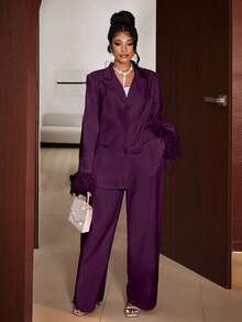 Maweii 大码女式纯色垫肩长袖袖口装饰优雅西装外套+休闲裤两件套，适合优雅外出、通勤、春、秋、冬穿着。 - 紫色 - 查看 1