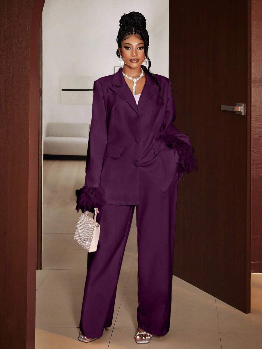 Maweii 大码女式纯色垫肩长袖袖口装饰优雅西装外套+休闲裤两件套，适合优雅外出、通勤、春、秋、冬穿着。 - 紫色 - 查看 1