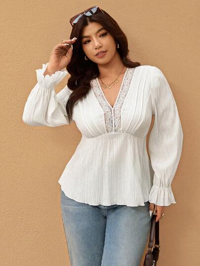 Elaquor 大码女式撞色蕾丝喇叭袖优雅衬衫