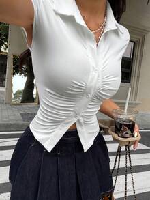 SHEIN EZwear 白色褶皱修身短袖 T 恤，休闲时尚，适合日常穿着 - 白色 - 查看 3