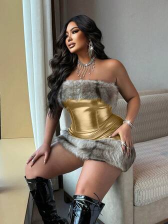 NU&NOW Plus Size Women's Knitted Shiny Elastic Fabric Plush Bandeau Cropped Top + Mini Skirt 2 Piece Set, Sexy Outfit For Autumn/Winter, Suitable For Party, Banquet, Graduation, New Year, Black Suit, Stylish Urban Office Lady, Chic Date Night