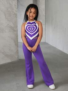 SHEIN Conjunto de top de tirantes de cuello de halter de punto básico informal y pantalones acampanados de unicolor para niñas preadolescentes