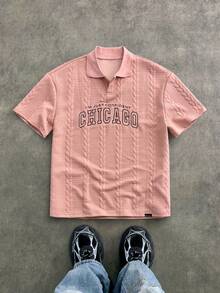 Manfinity VCAY 男式字母图案针织 Polo 衫，常春藤风格，返校季 - 藕粉色 - 查看 2