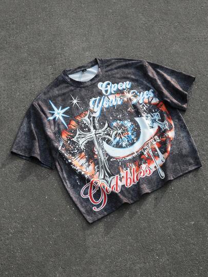 PAVTROS Men's Round Neck Short Sleeve T-Shirt, Large Graphic Print, Distressed Eye Print