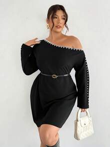 Firerie 大码舒适休闲优雅度假简约百搭日常基础款珍珠点缀露肩修身H型腰线弹力长袖连衣裙，适合春、夏、秋、冬四季穿着。 - 黑色 - 查看 7