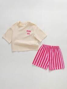 THE HAPPY LOOK 2件套 女童草莓图案针织柔软圆领短袖落肩套头衫和条纹短裤 - 彩色 - 查看 7