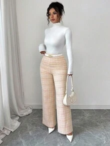 Elenzga Quần nữ thường ngày co giãn kẻ caro, quần ống rộng cạp cao ôm vừa vặn, hàng mới về mùa thu - trái cam - Xem 3