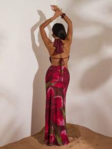 Opulessa Spring/Summer Valentine's Day Birthday Beach Vacation Knit Mesh Printed Low Waist Bodycon Mermaid Skirt For Women - Burgundy - View 2