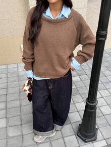 SHEIN EZwear Solid Khaki Raglan Sleeve Casual Sweater,Off The Shoulder Sweater In Fall/Winter