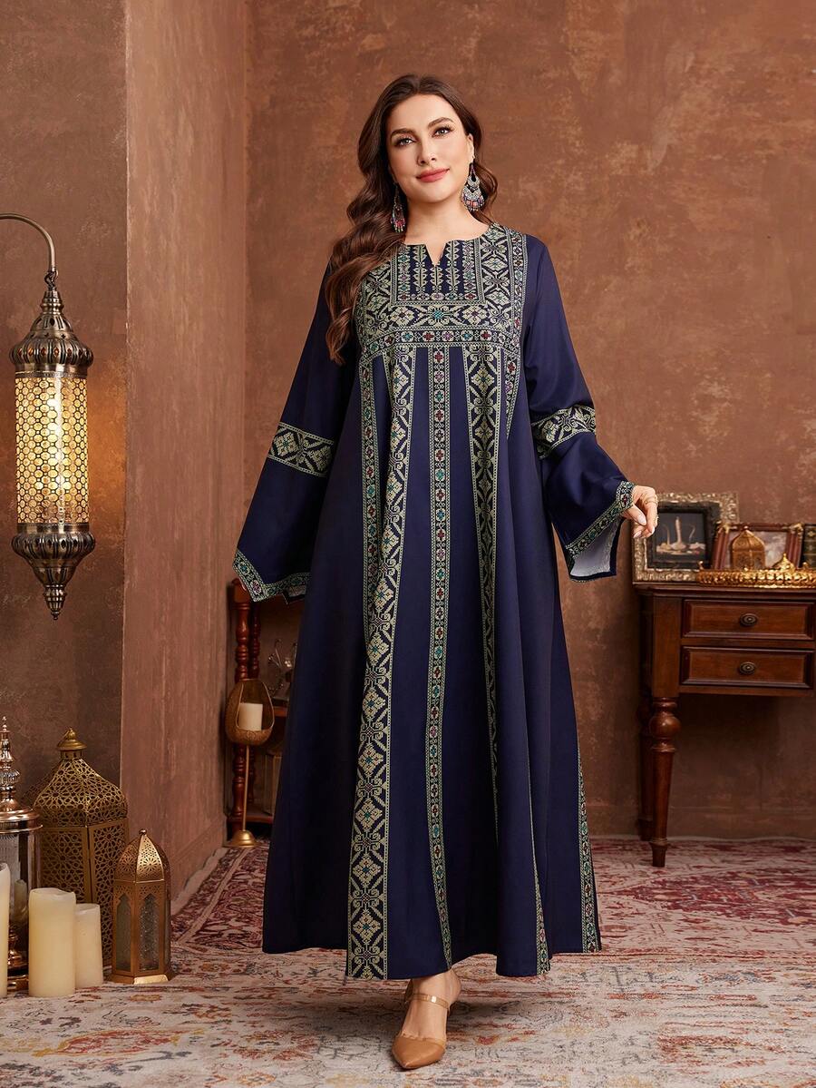 Al Najma 大码女式长袖A字连衣裙，阿拉伯风格 - 藏蓝色 - 查看 1