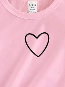 SHEIN Playful Pals 夏秋季女童休闲时尚创意个性清新可爱简约线条爱心印花舒适基础款短袖T恤和打底裤两件套，舒适日常穿着 - 彩色 - 查看 9