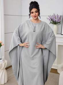 Al Najma 女士优雅宽松时尚褶皱荷叶边刺绣串珠流苏亮片网纱连衣裙，适合日常穿着、约会、通勤，阿拉伯风格 - 灰色 - 查看 6