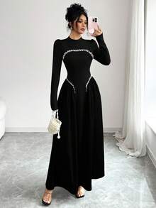 Modelyn Elegant Long Wine Red Beaded Dress For Women, Winter - Black - View 6