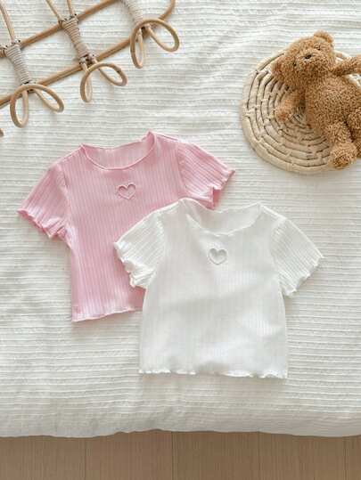 SHEIN 2-Pack Baby Girl Casual Simple Street Style Commuting Striped Short-Sleeve Tops - Multiple Pieces Suitable For Spring And Summer, Outings, And Other Occasions