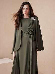 Arave Women's Green Chiffon Linen-Textured Fabric, Round Neck, Fitted Waist, Cape Sleeves, Full Skirt With Pleats, Long Tie-Waist, Diamond Brooch, And Metal Embellishments. Modern Party Long Dress. Elegant Dresses For Women, Party Clothes, Winter Clothes For Women, Halloween. New Year - Green - View 6