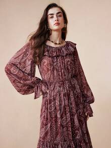 Arave 女士优雅雪纺吊带长袖喇叭袖收腰连衣裙，饰有腰果花印花 - 酒紅色 - 查看 5