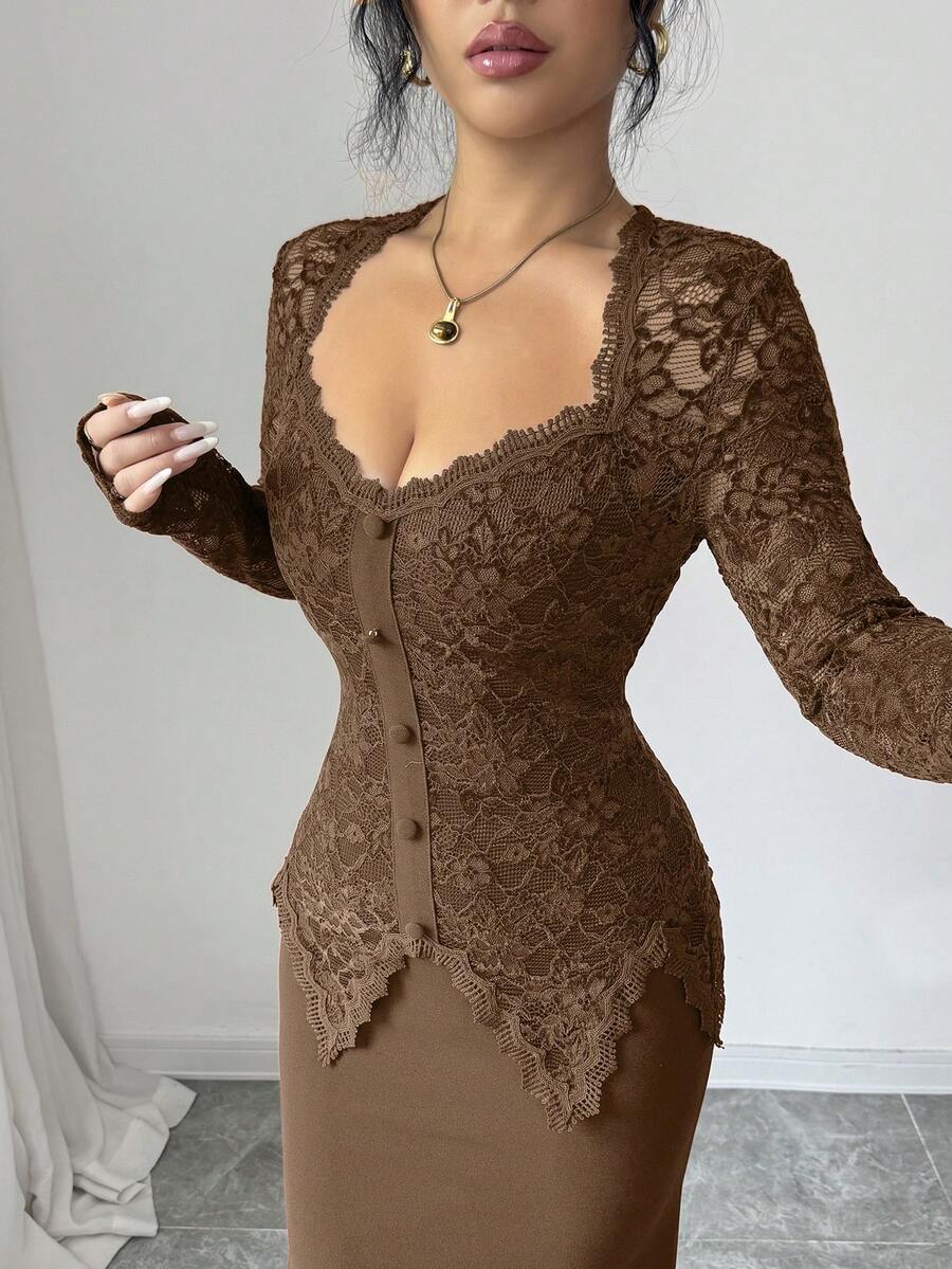 Modelyn Đầm midi ôm sát cổ vuông, đính nút, phối ren, eo cao dành cho nữ - màu nâu - Xem 1