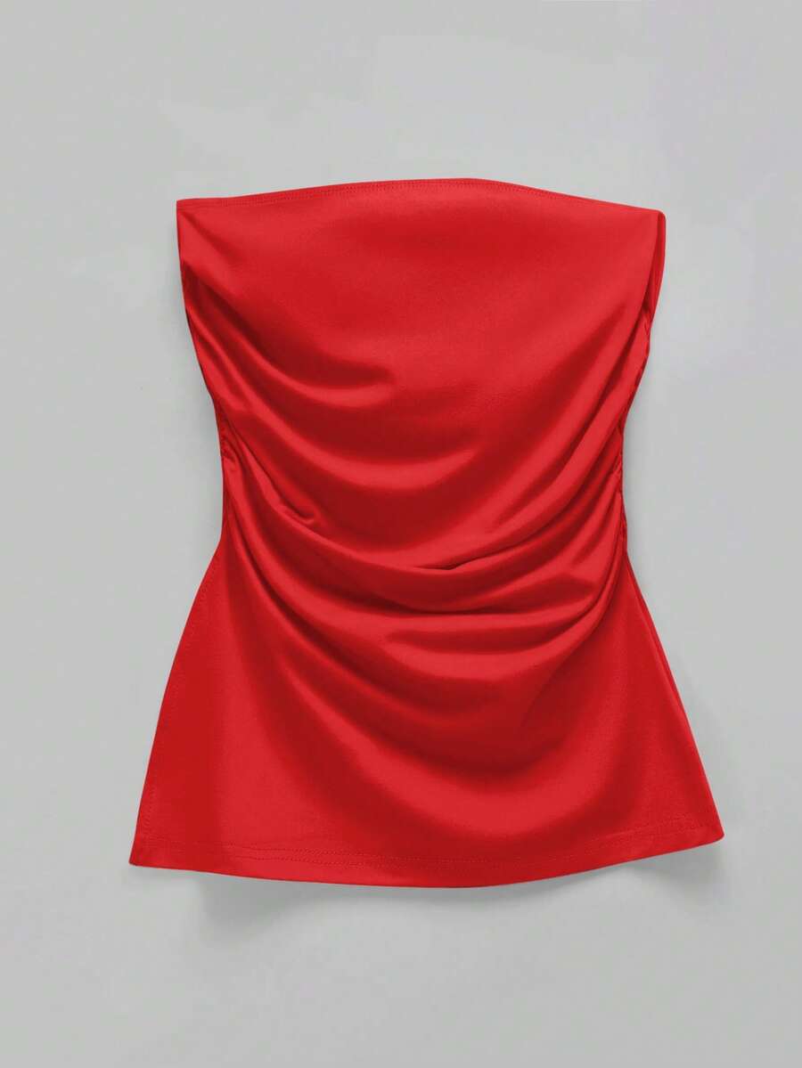 SHEIN EZwear Women Fashionable Summer Solid Color Ruched Tube Top - Red - View 1