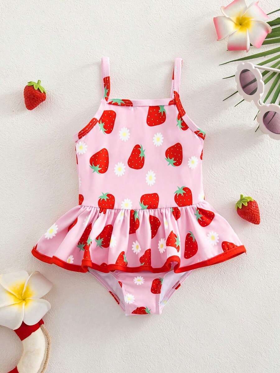 Baby Girl Vacation Strawberry & Daisy Print Ruffle Trim One-Piece Swimsuit - Pink - View 1