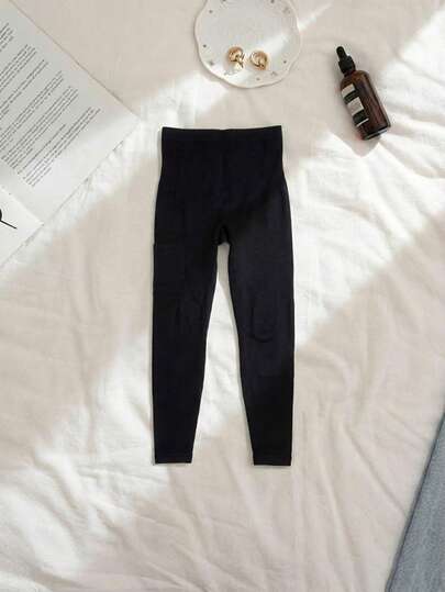 Leggings maternales color sólido estilo sencillo tela elástica sin costuras con bolsa lateral ajuste medio largo para todo el año uso casa ejercicio casual leggings maternidad