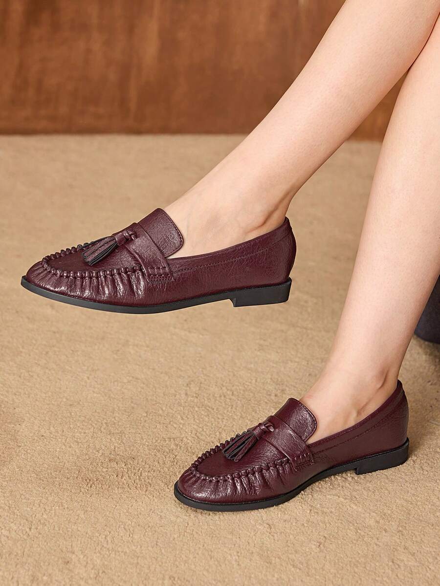 MOTF WOMEN TASSEL PU LEATHER LOAFERS SHOES VALENTINE'S DAY - Burgundy - View 1