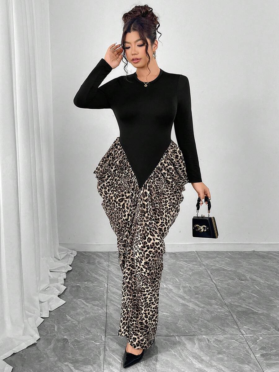 Elenzga Plus Size High Neck Long Sleeve Wrap Waist V-Cut Leopard Print Pleated Fishtail Dress, Elegant For Outings, Parties, Dates, And Formal Events - Multicolor - View 1