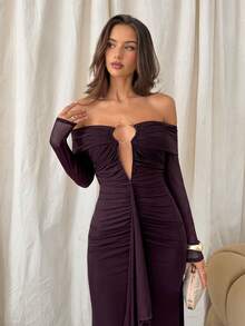 Aloruh Women's Solid Wine Red Ruched Ruffle Off Shoulder Round Ring Hollow Out Mermaid Hem Bodycon Long Sleeve Dress - Burgundy - View 5