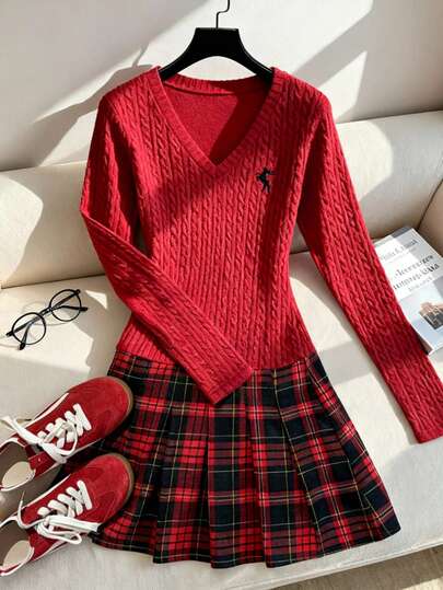 Muvela Women's Red Plaid Mini Pleated Dress, Retro Collegiate Style, Essential For Autumn, Suitable For Daily Wear, Gatherings With Friends, Casual At Home, Comfortable & Minimalist, Airport Outfit, Lazy Days, Christmas & Holidays