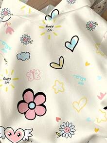 SHEIN 卡通心形、花朵、蝴蝶印花宽松连帽衫，米色和杏色，适合年轻女孩休闲舒适的日常穿着，秋冬季