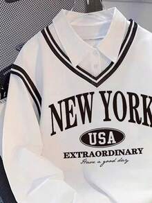 INAWLY 大码“纽约”字母图案翻领运动休闲卫衣，学院风上衣 - 白色 - 查看 4