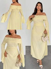 Firerie Plus Size Women's Elegant Yellow Autumn Off-Shoulder Slit Flare Long Sleeve Ruched Slim A-Line Midi Dress For Party Graduation Ceremony Vacation - Yellow - View 1