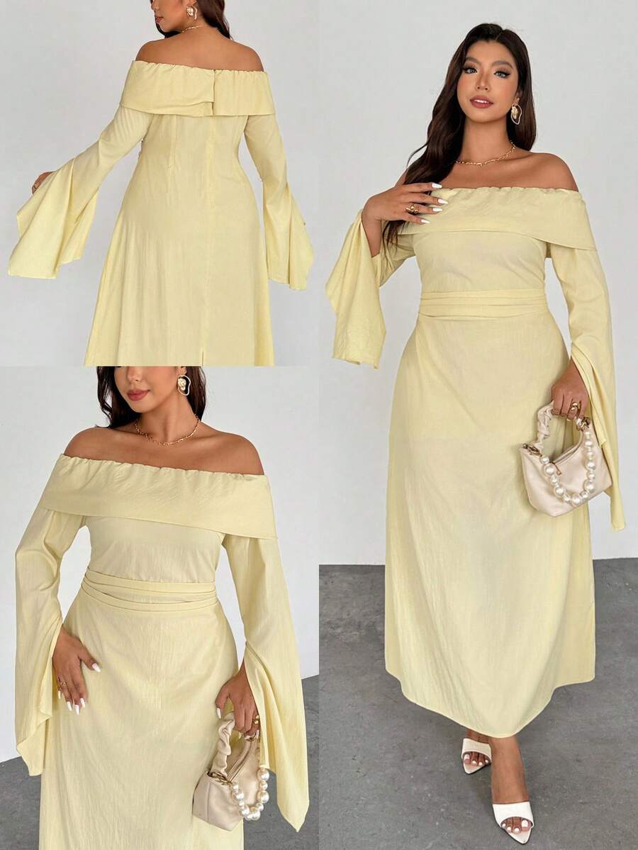 Firerie Plus Size Women's Elegant Yellow Autumn Off-Shoulder Slit Flare Long Sleeve Ruched Slim A-Line Midi Dress For Party Graduation Ceremony Vacation - Yellow - View 1