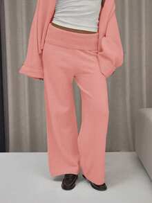 MUSERA Fold Over Waistband Wide Leg Knit Trousers Only Classy Cute Sexy Streetwear Fall Autumn Night Out Evening Party Elegant Winter    Sweatpants Pants - Pink - View 3