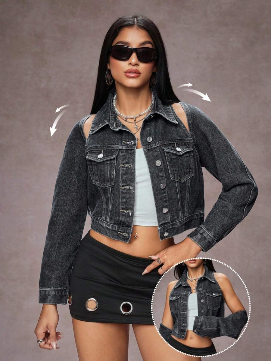 Jeanoix 女士镂空二合一长袖单排扣休闲牛仔外套 - 黑色 - 查看 1