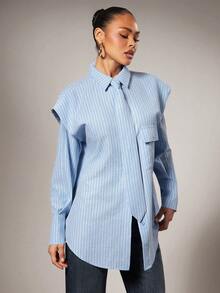 Hauture 系带前襟夸张肩部条纹衬衫 - 藍色 - 查看 6