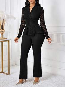 SHEIN Lady Women's Elegant 2 Pieces Set: V-Neck Contrast Lace Long Sleeve Top And Flare Pants Elegant 2 Piece Set 2 Piece Sets Woman Classy Black Jumpsuit Women Elegant Tall Two Piece Set Long Sleeve Elegant Dress - Black - View 5